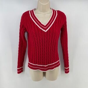 St. John's Bay Cable Knit Sweater Women's S Red 100% Cotton Tennis Cricket Vtg